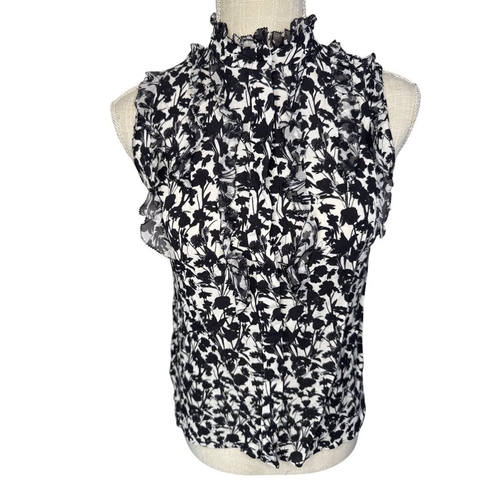Elle Tahari Black & White Floral Sleeveless Silk Ruffle Blouse S